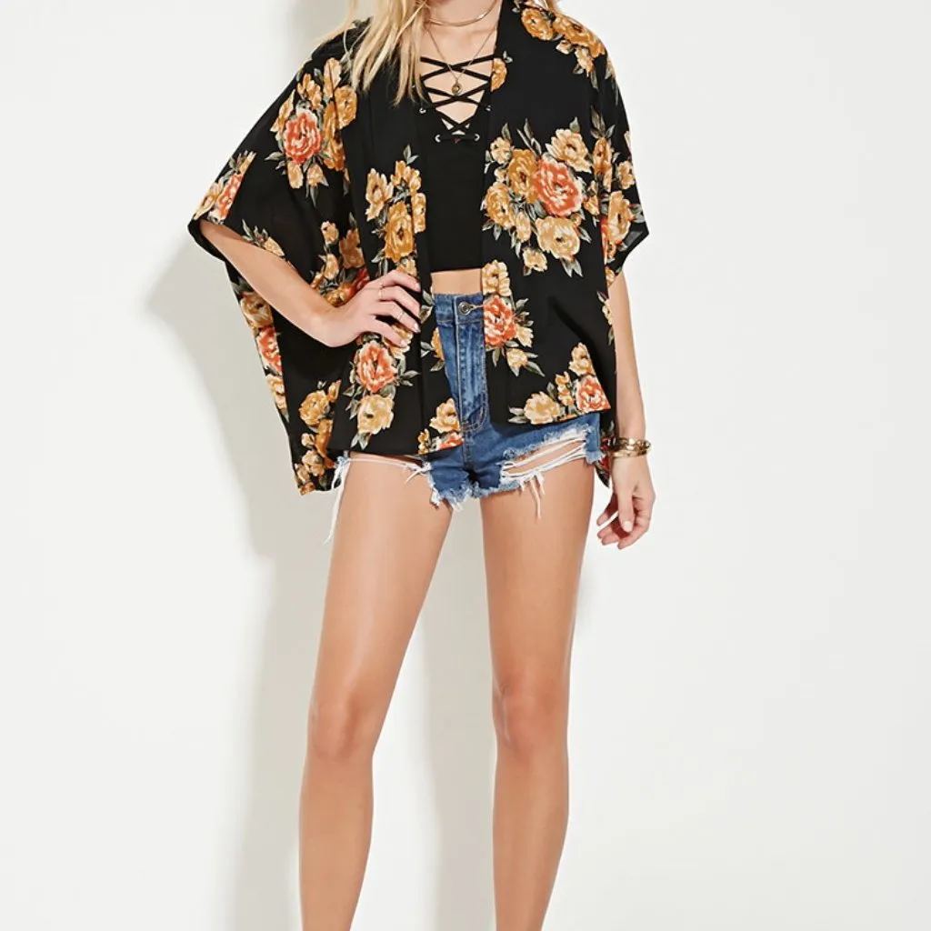 Black and Yellow Floral 70s Style Kimono Size Small - Image 4