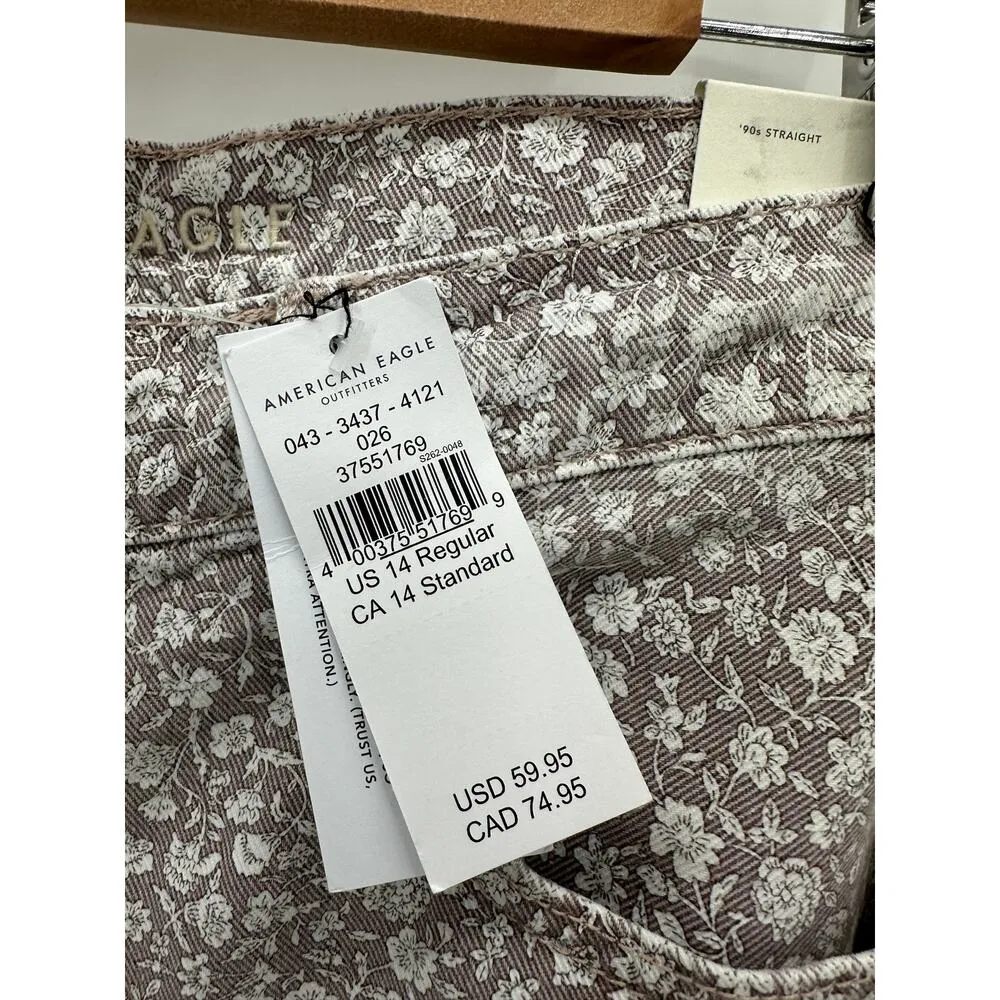 American Eagle AEO Jeans Women 14 NWT Purple White Floral '90s Straight Hi-Rise - Image 5