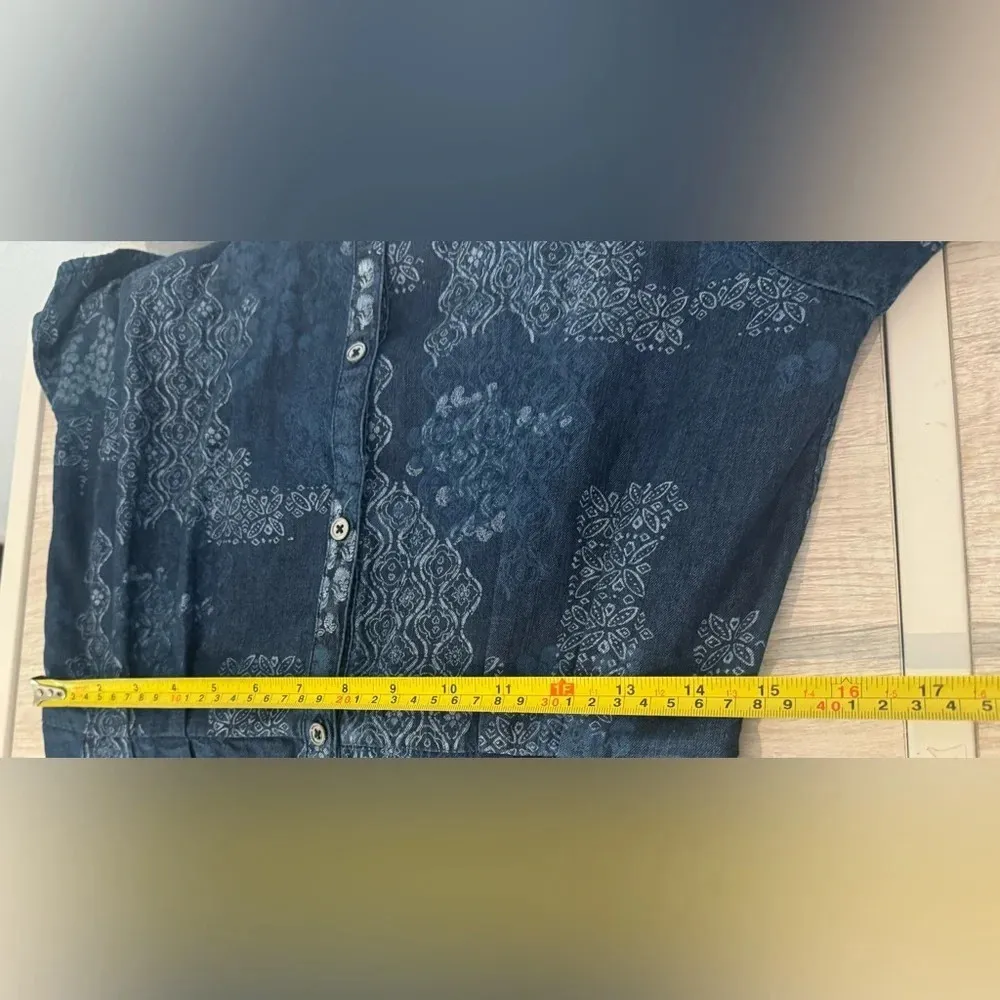 Free People Indigo Daze Denim Chambray Printed Jumpsuit Tie Sleeves Boho Size XS - Image 10