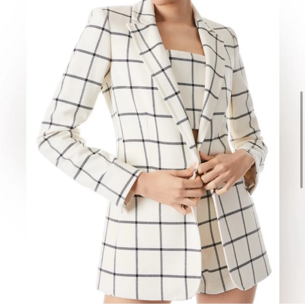 Alice and Olivia Breann Padded Shoulder Blazer Sz 12 Window‎ Pane Plaid White - Image 4