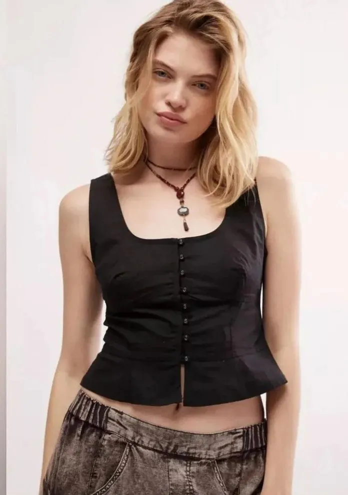 Free People Sally Corset Buttondown Scoop Neck Sleeveless Black Tank Crop Top Sm - Image 3