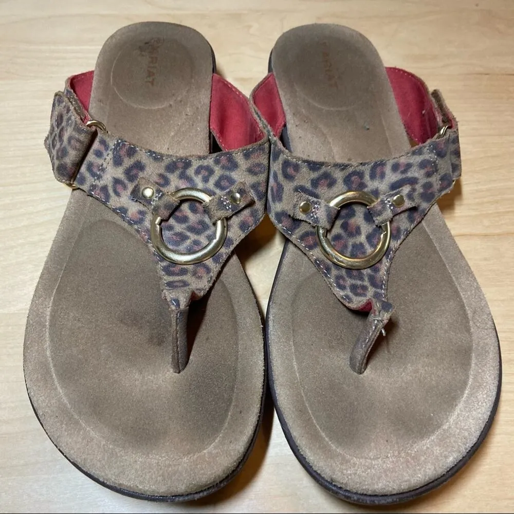 Ariat Poolside Sandals Leather Thong Wedge Cheetah Leopard Ring Padded Brown 9.5 - Image 3