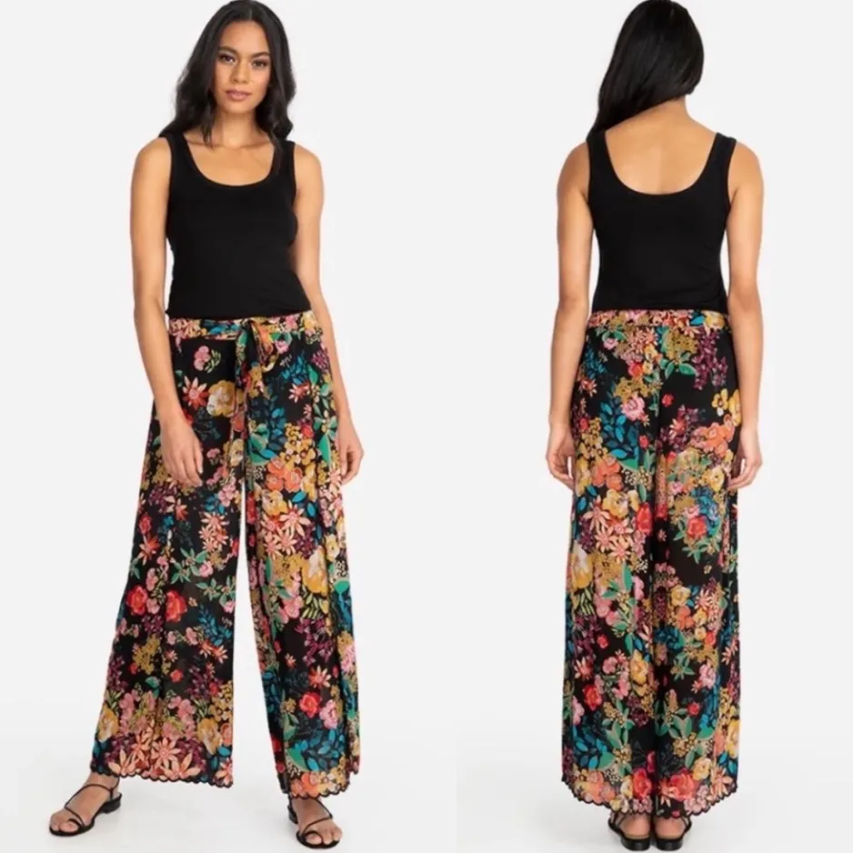 Johnny Was Floral Print Scalloped Edge Albany Tie Waist Pants Size L - Image 2