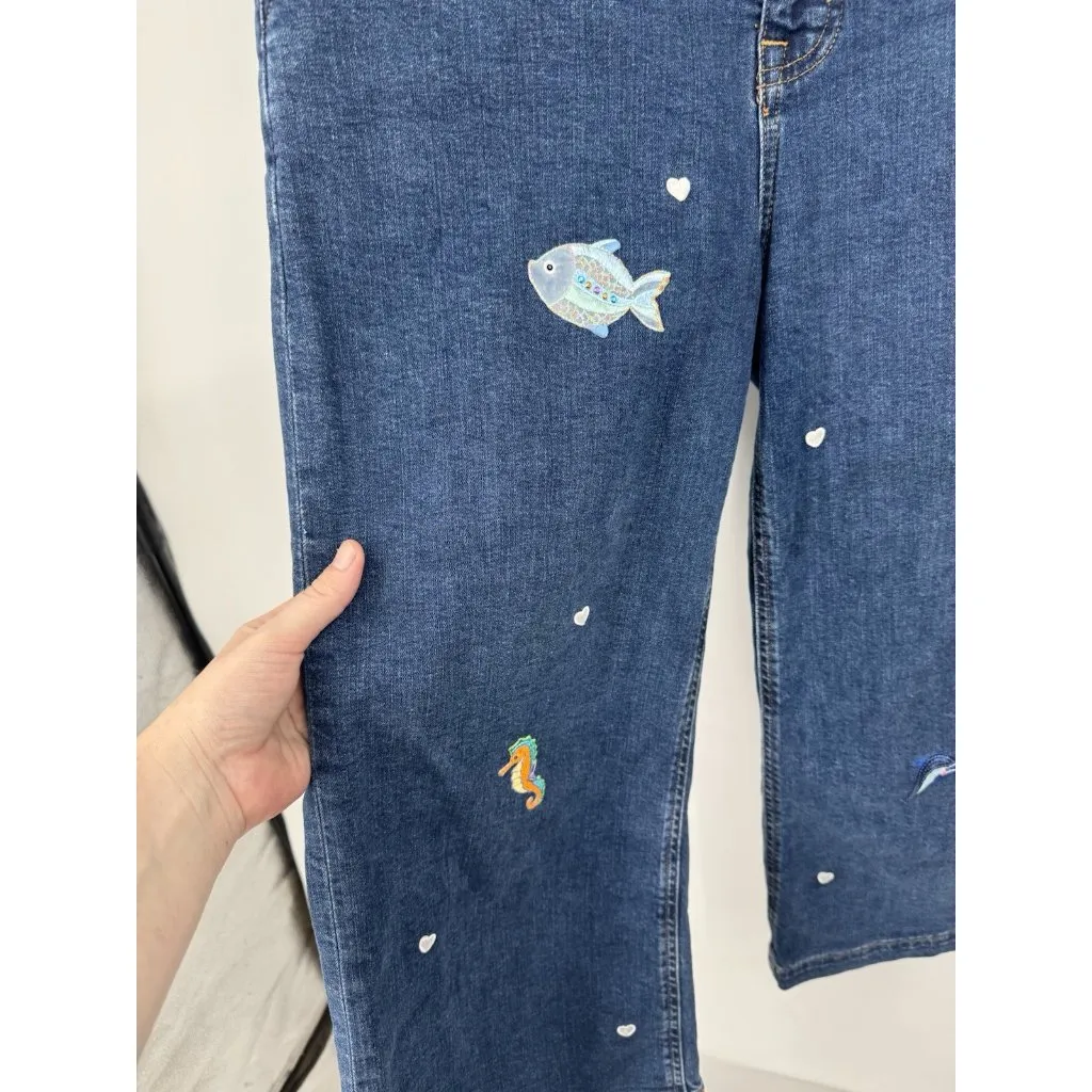 J.‎ Crew Mercantile Wide Leg Mermaid Ocean Patch Work Jean Women 28 Blue Wash - Image 9