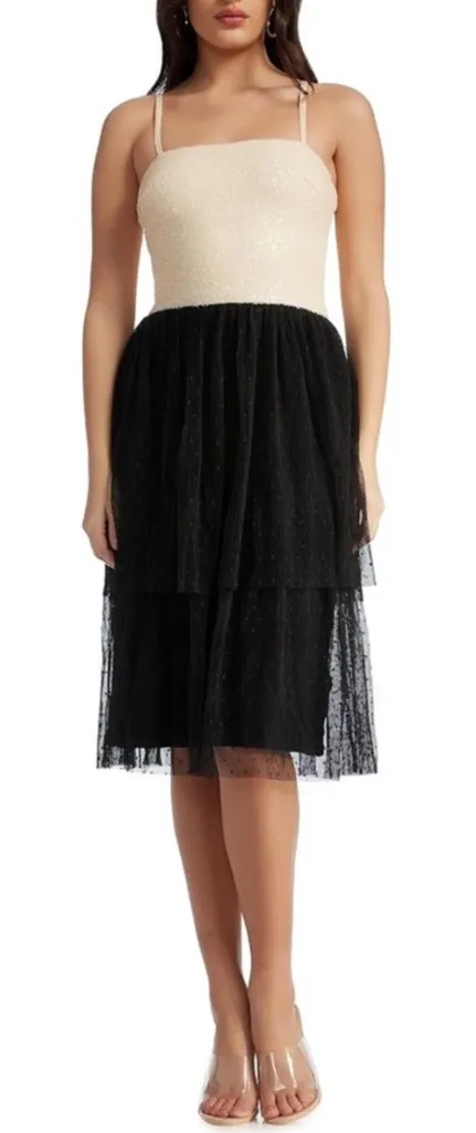 Dress the Population Kady Sequin Tiered Tulle Midi Dress – Cream Multi NWT - Image 1