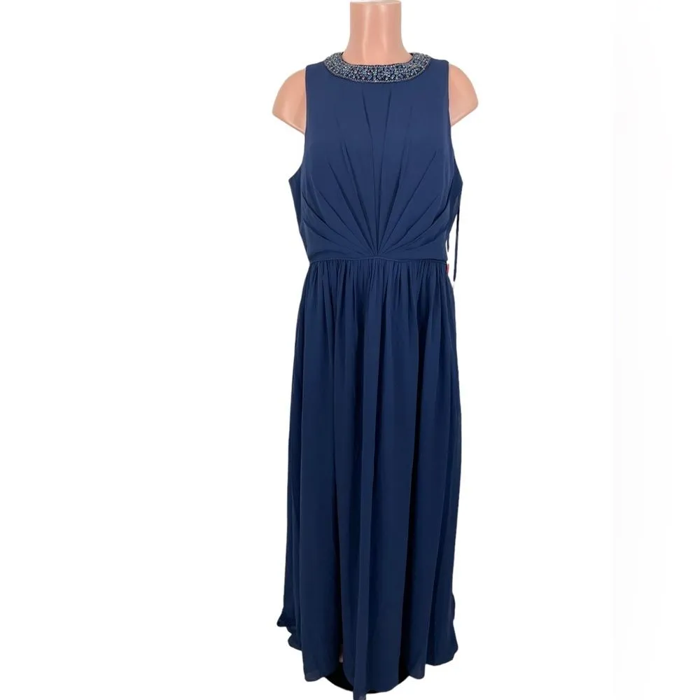 NWT Mac Duggal Ieena Bejeweled Neckline Pleated Chiffon Gown Size‎ 14 Navy Blue - Image 5