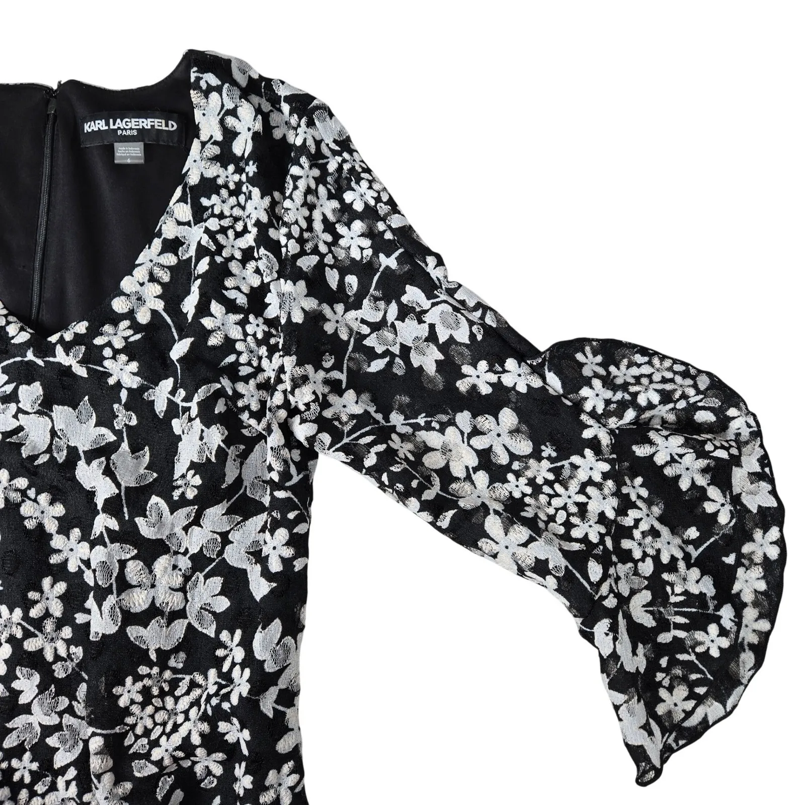 Karl Lagerfeld Paris Black White Floral Lace V Neck 3/4 Sleeve Carys Dress 6 - Image 4
