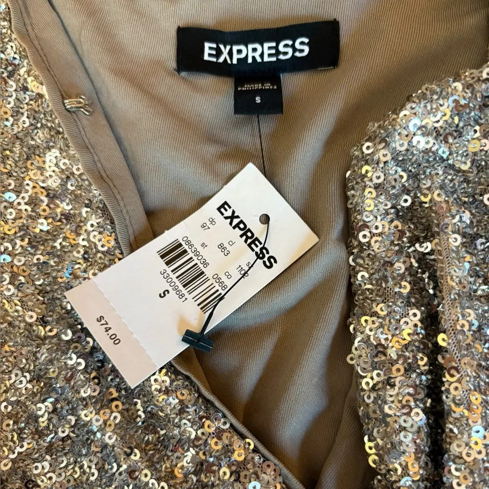 Express Silver Gold Sequin Bodysuit Fuax Wrap Adjustable Straps Womens Small NWT - Image 10