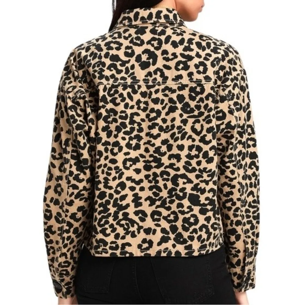 Lulus Fashionably Fierce Beige Leopard Print Denim Jean Jacket Size Small NEW - Image 4