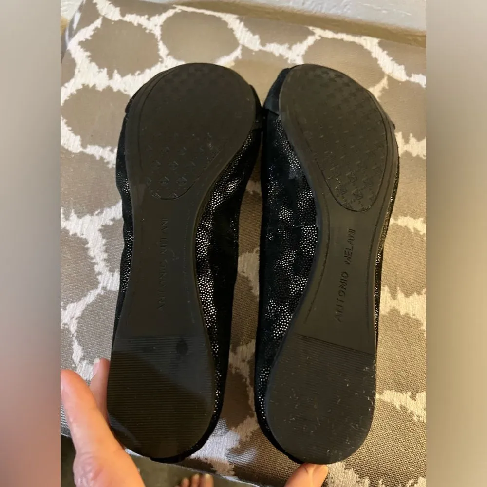 Antonio Melani all leather black metallic flats w buckle. Love, gorgeous details - Image 6