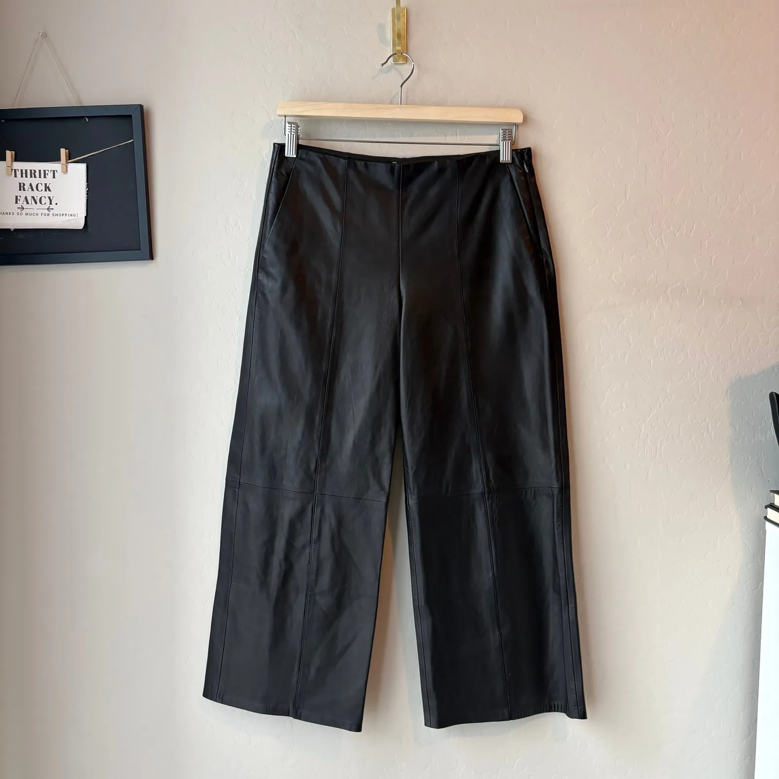 Vince Lamb Leather Black Wide Leg Cropped Leather Pants Size 6 - Image 2
