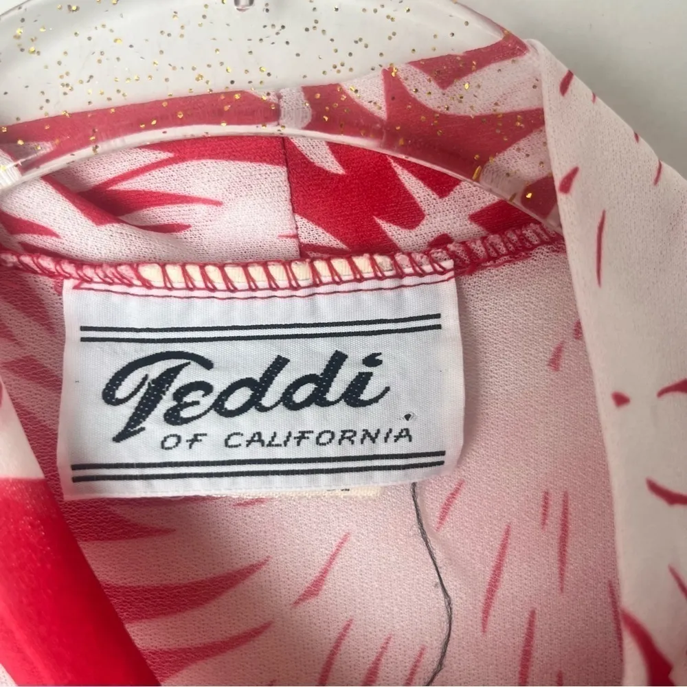 Teddi of California Vintage 70s Red White Palm Leaf Neck Bow Blouse 12 - Image 2