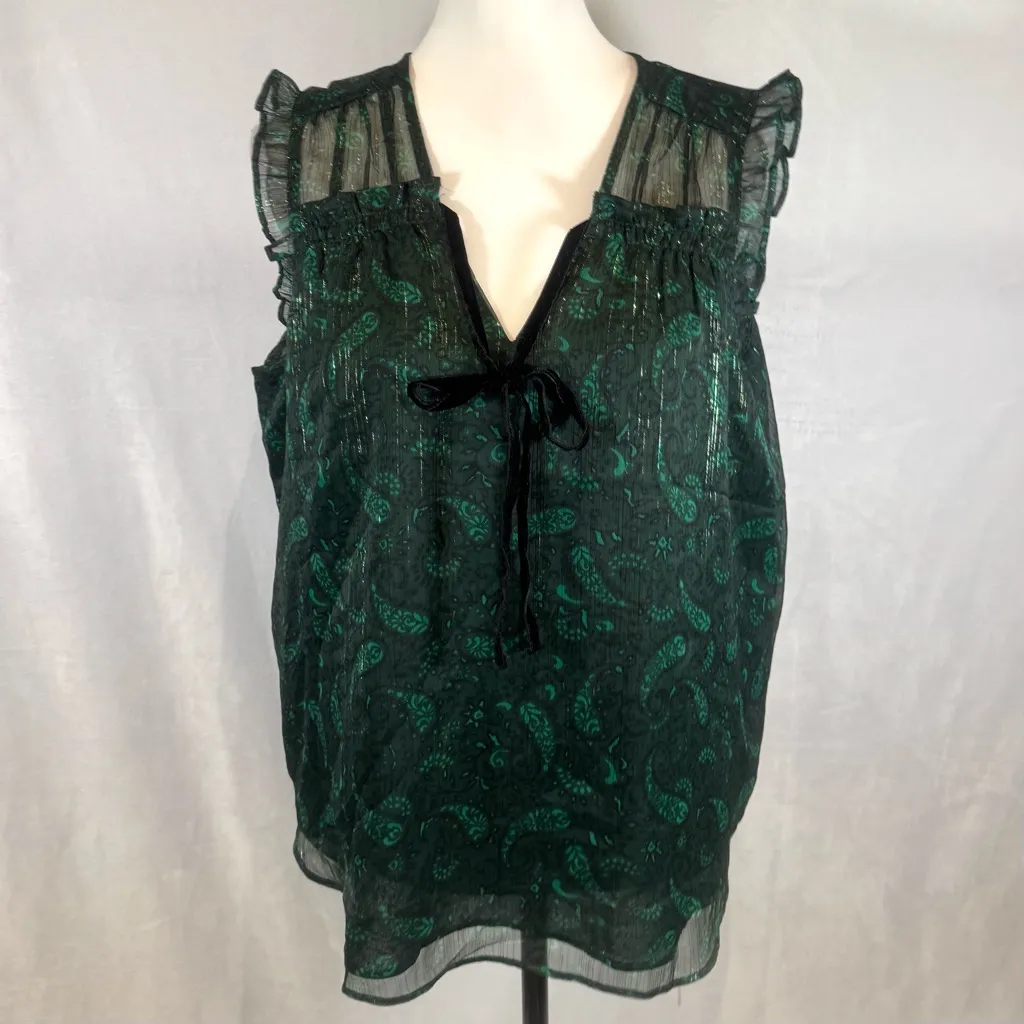 Loft Shimmer Paisley Velvet Flutter Tie Neck Top size medium - Image 3
