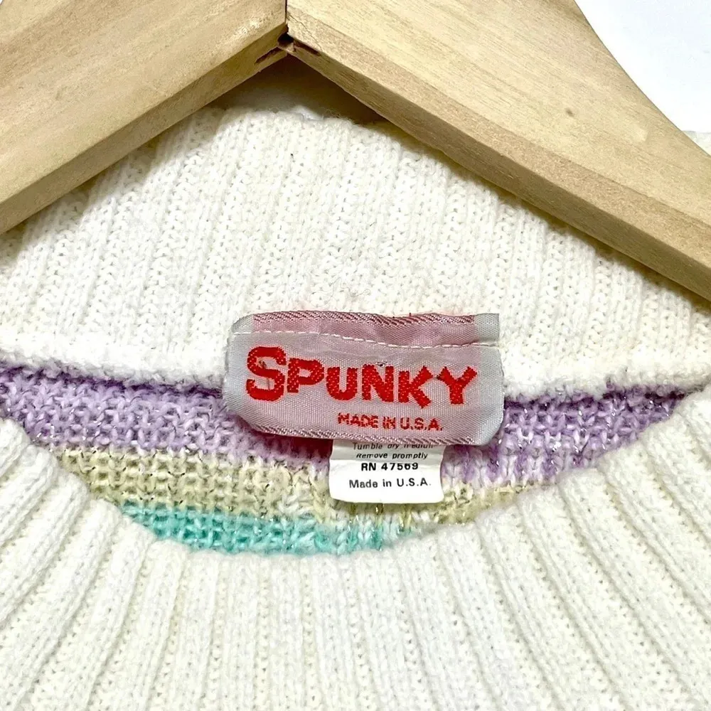 Vintage 80’s Spunky Fairy Kei Kawaii Pastel Flower Print Sparkle Knit Sweater Purple Size undefined - Image 2