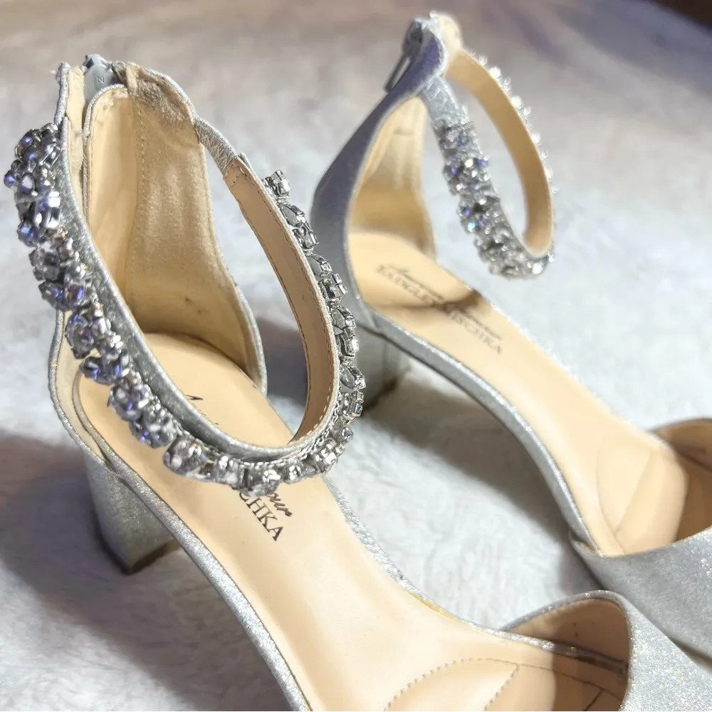 Badgley Mischka Silver Glitter Rhinestone Embellished  Ankle Strap Block Heels - Image 4