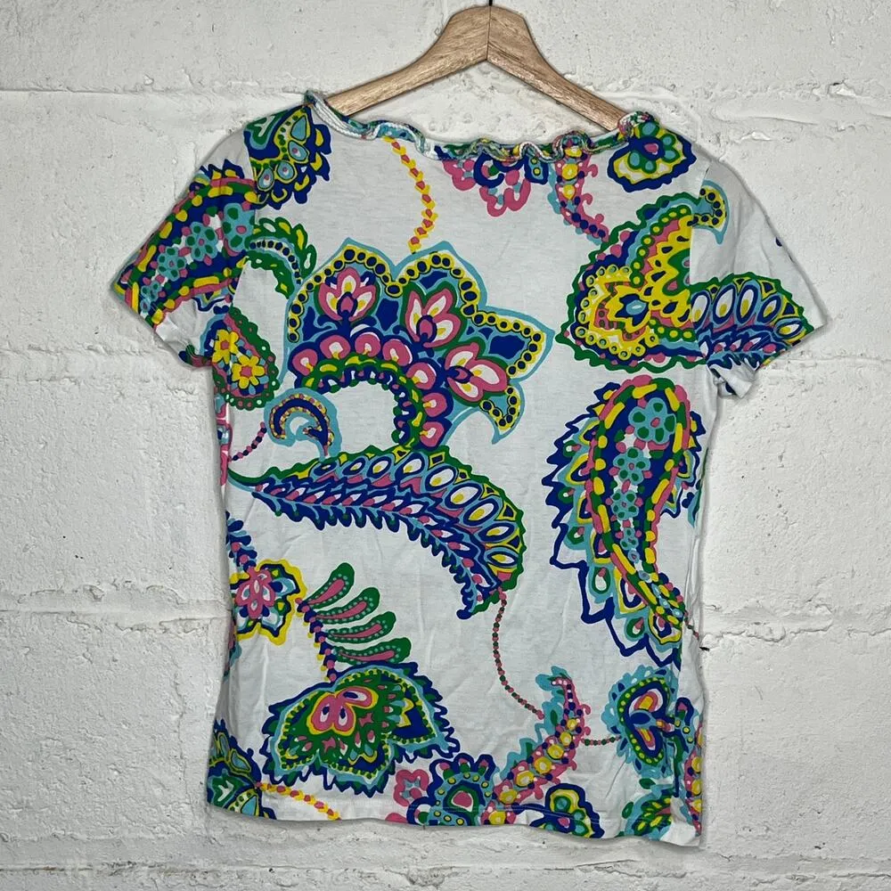 Talbots Women's Petite Small T-Shirt Pima Cotton Floral Paisley Ruffle Crewneck - Image 2