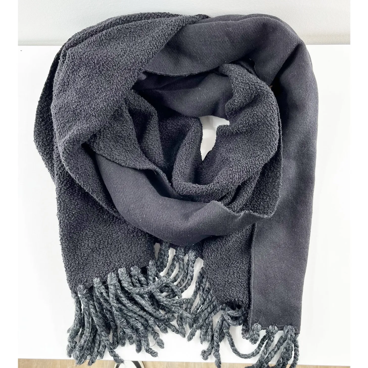 Fringe Cotton Terry Wrap Blanket Scarf Black - Image 2