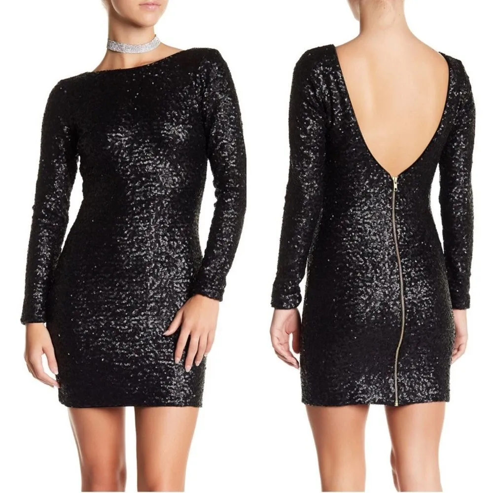 Dress the Population Kelly Black Sequin Open Back Long Sleeve Mini Dress L - Image 2