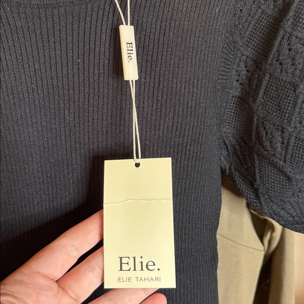 NWT Elie. Elie Tahari Puff Sleeve Ribbed Knit Sweater Black Short Sleeve Size XS - Image 7