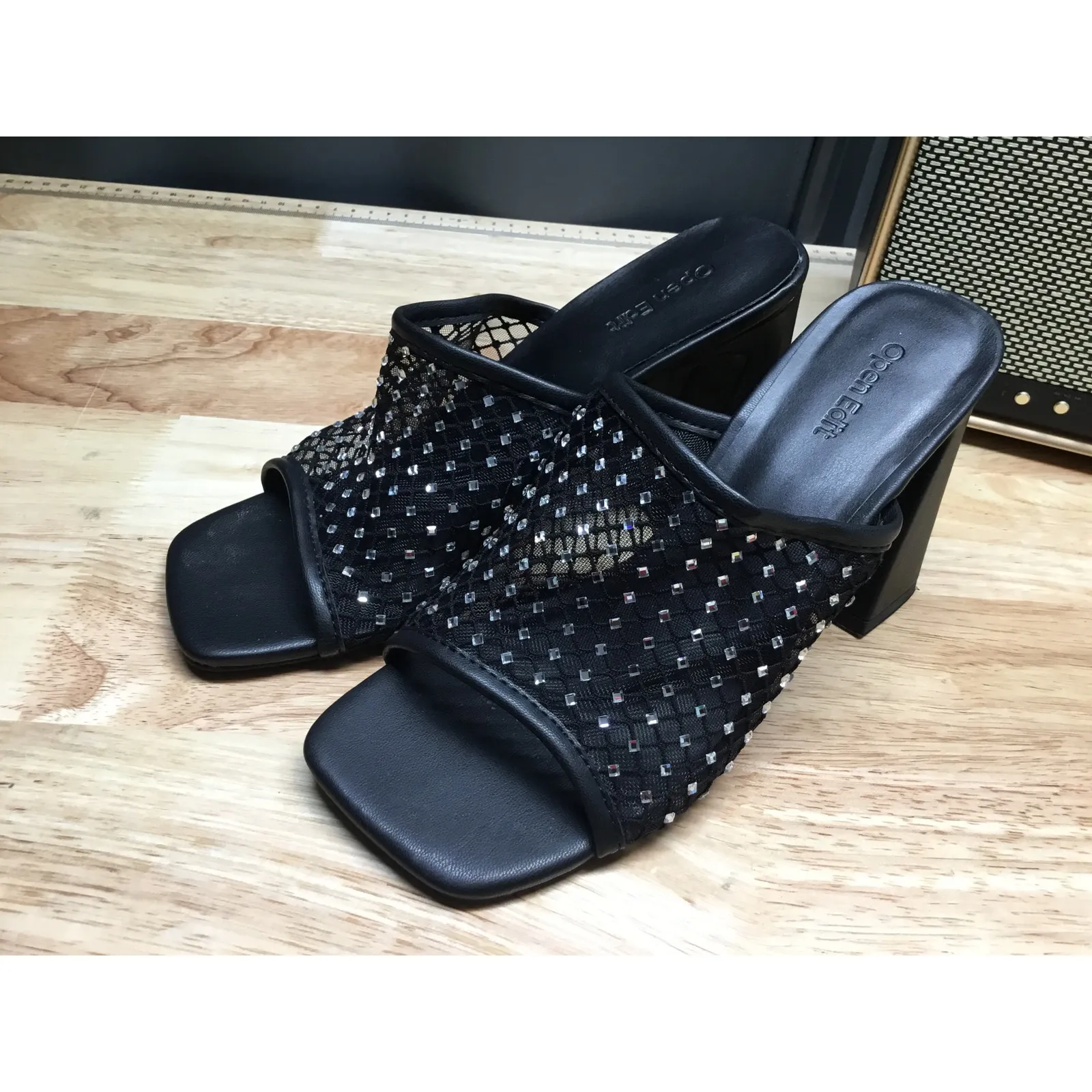 Open Edit Slide Sandals Women's 7 Black Mesh Rhinestones High Block Heels Preppy - Image 4