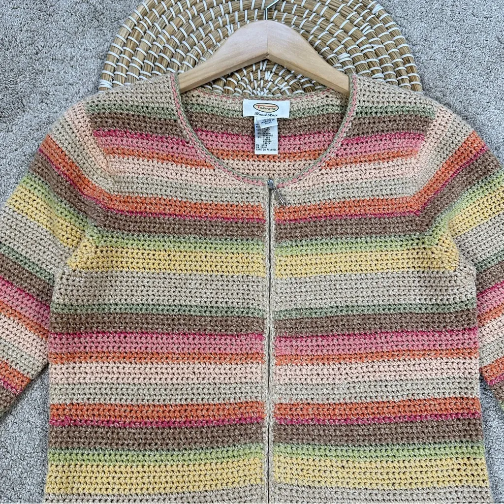 Talbots Hand Knit Vtg Ramie Linen Cardigan Sweater Full Zip Multicolor Stripe S - Image 2