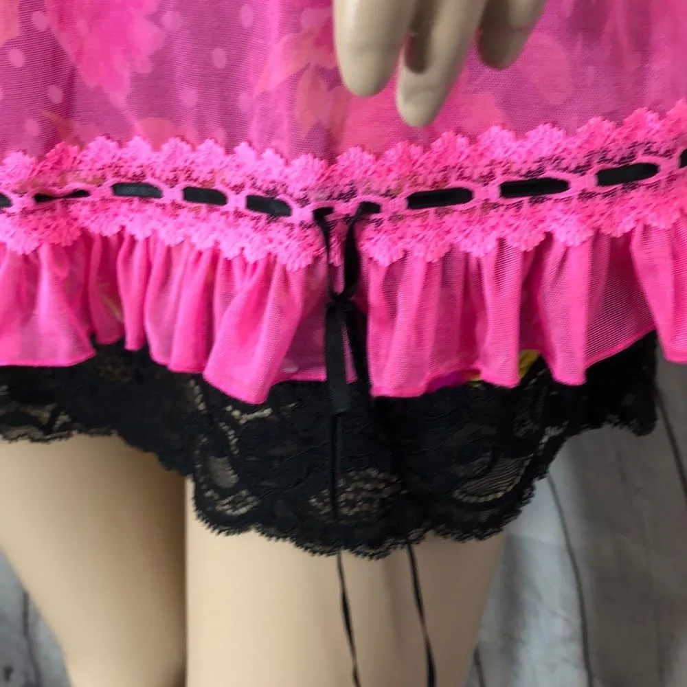 Victoria's Secret Pink Teddy Cami Black Lace Trim 36C Sexy - Image 5