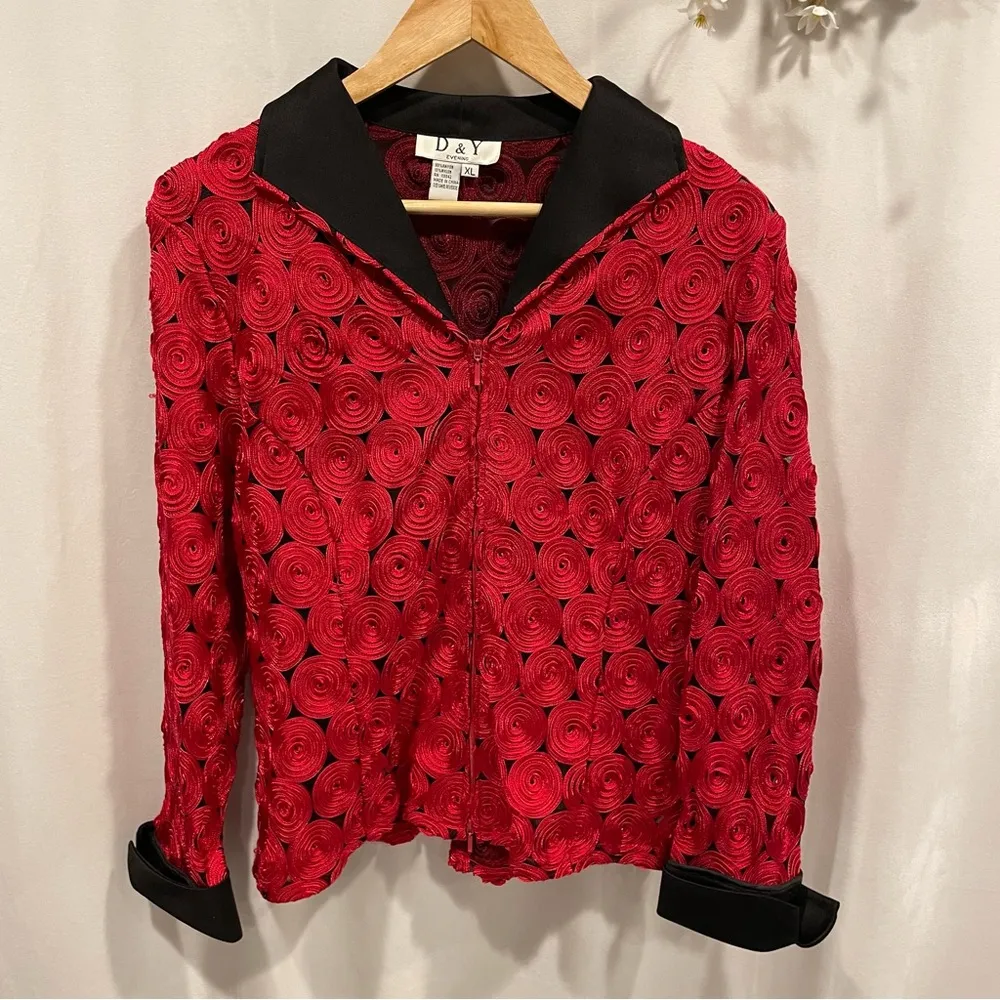 Vintage 80’s tuxedo rad 3D swirl mesh black collar french cuff zip front jacket - Image 8