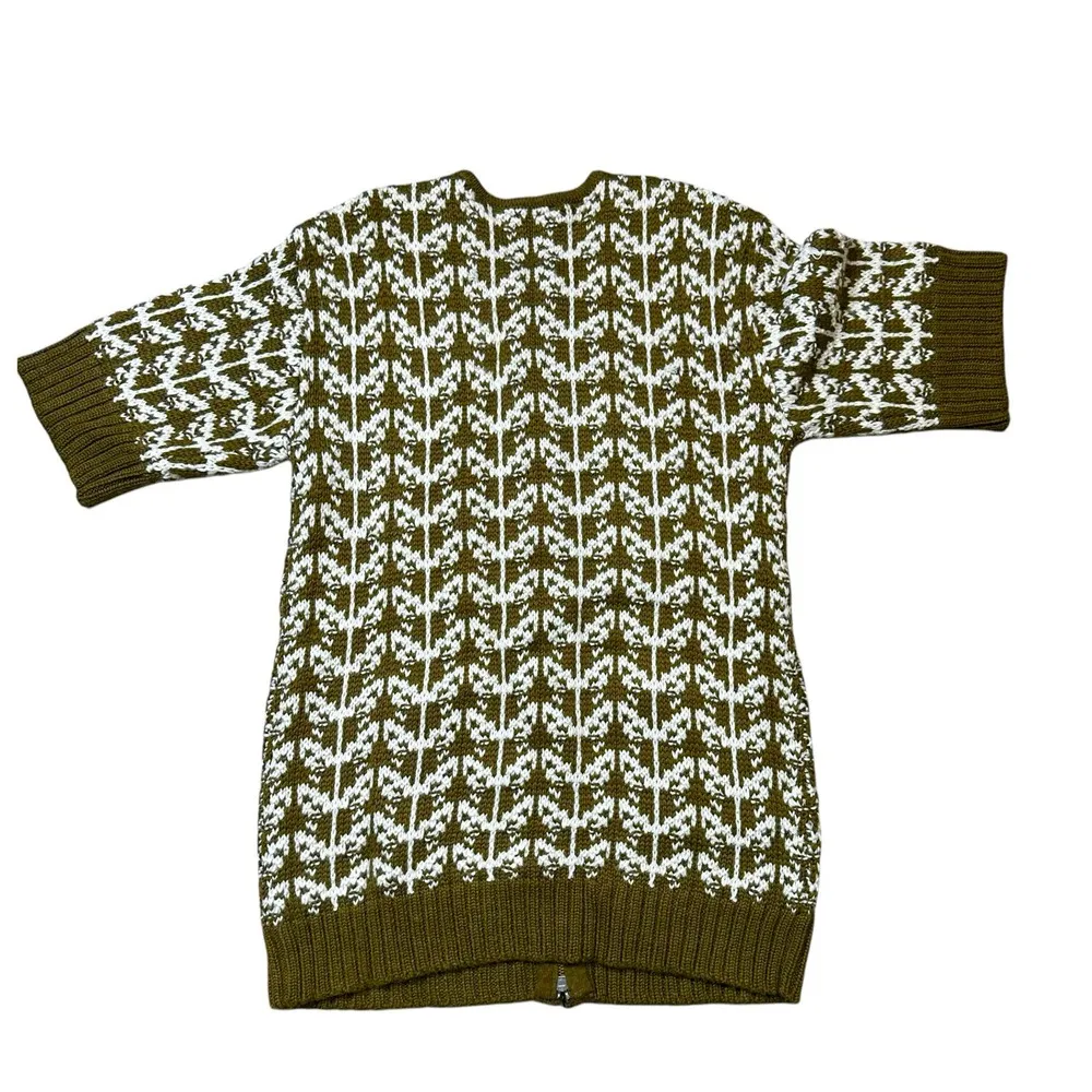 Vintage Hand Knit Zipper Cardigan Olive Green And White Small - Image 4