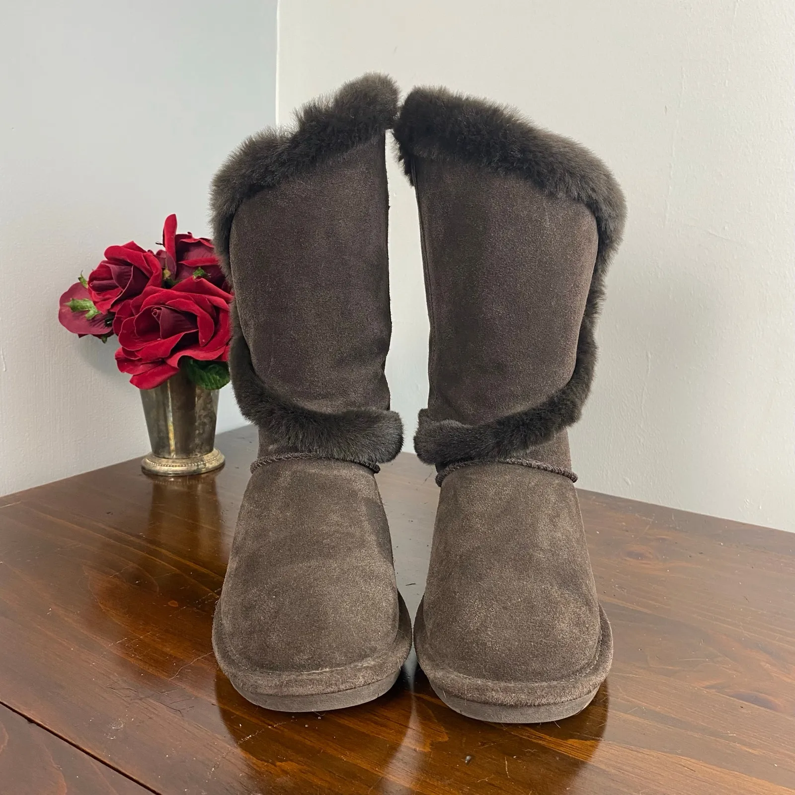 Bearpaw Sheilah Boots Brown Suede Faux Fur Trim Size 6 Women's Winter - Image 3