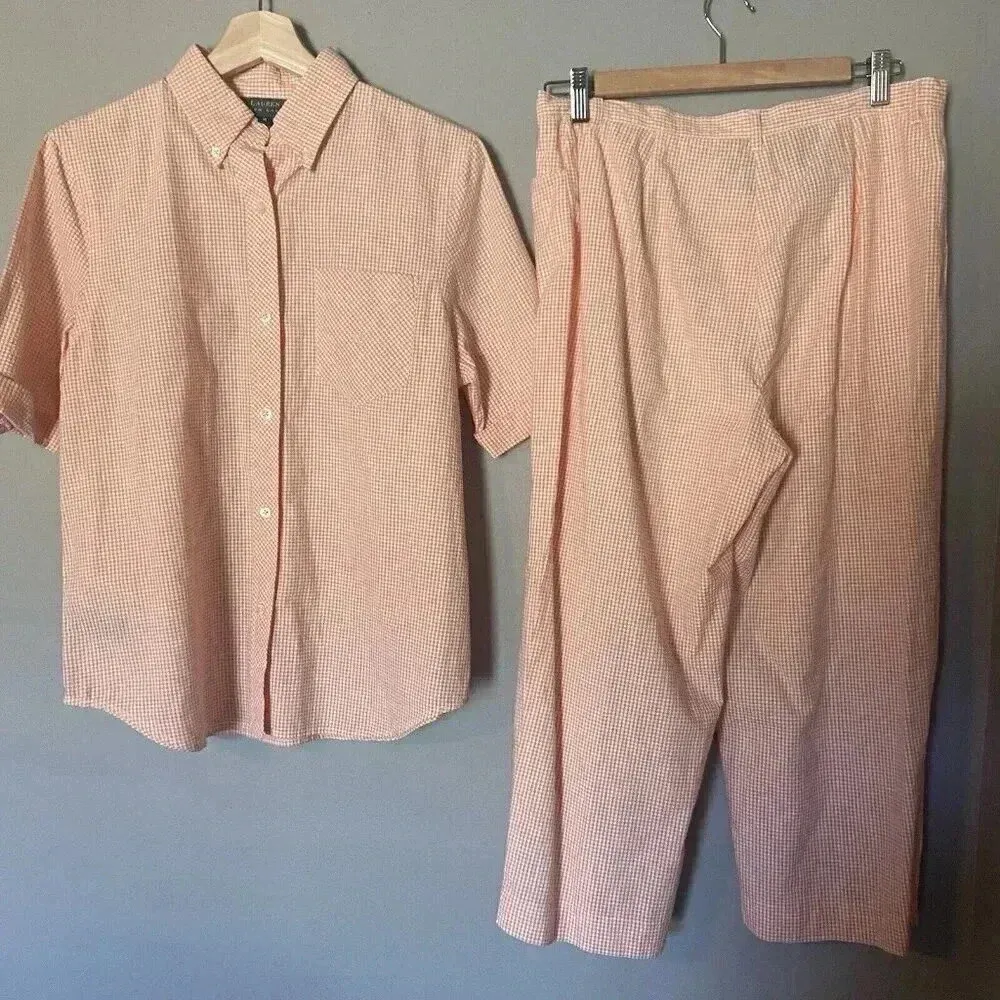 Ralph Lauren Coral Peach Gingham ButtonShort Sleeve Shirt Pants Set Size‎ M /12 - Image 12