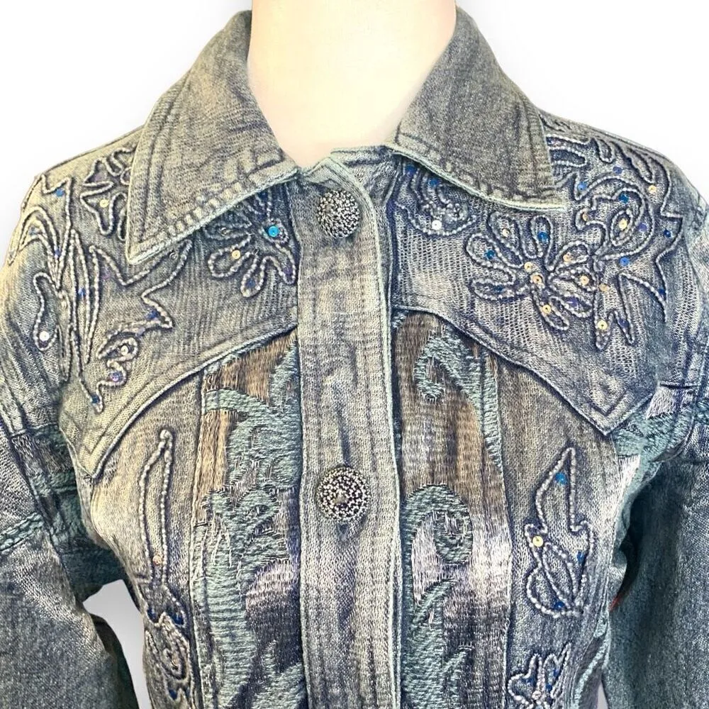 Vintage 90s Embroidered Jacket Metallic Blue Floral Detail Lace Crochet Small - Image 4