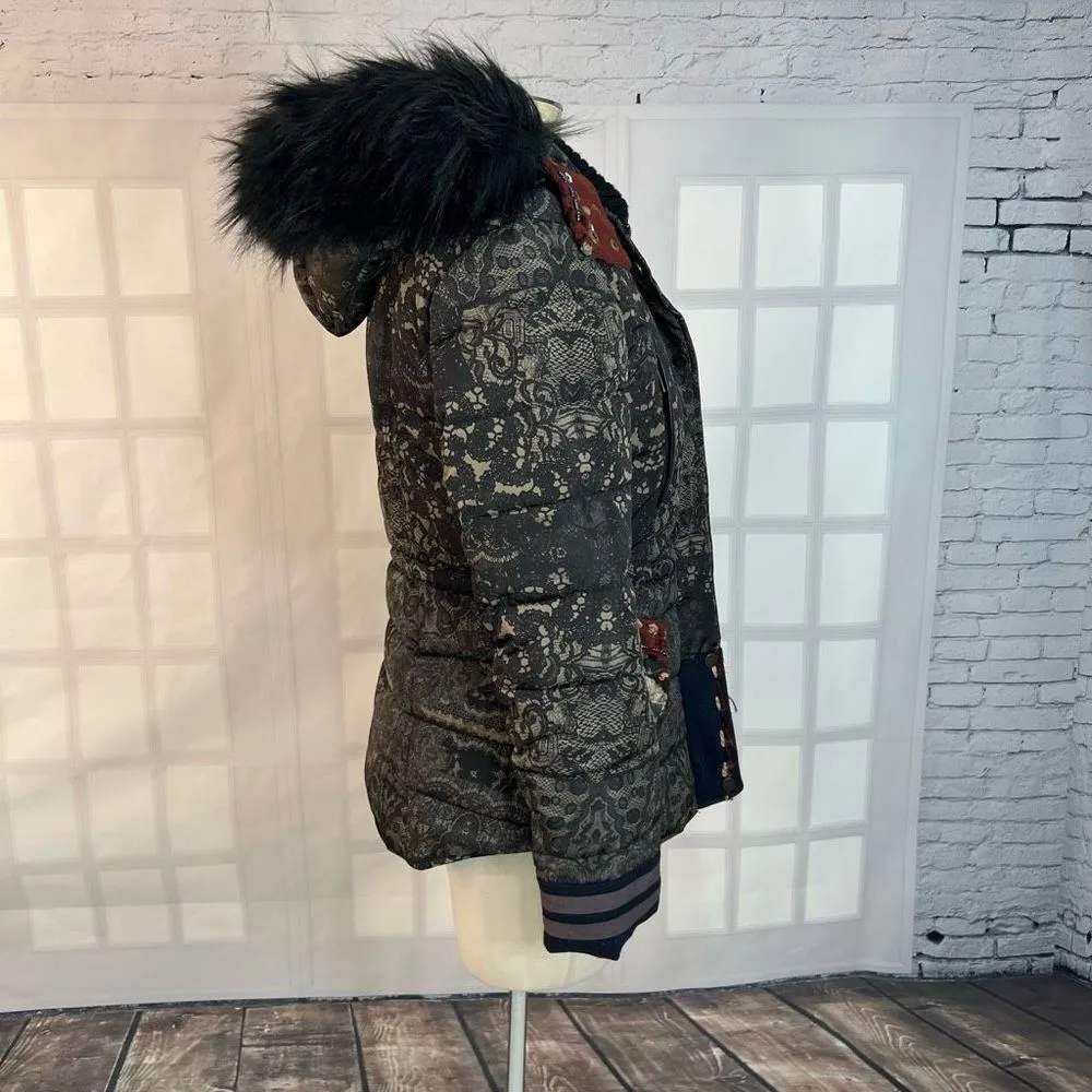 Desigual Badajoz lace print beaded embroidered puffer coat size 38 or US small - Image 9