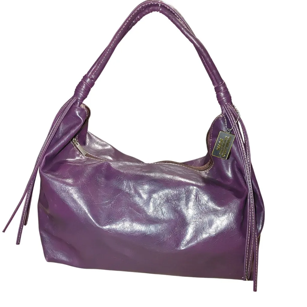 Umberto Bossi Purple Faux Leather Hobo Shoulder Bag Zipper Tassel Accents - Image 2