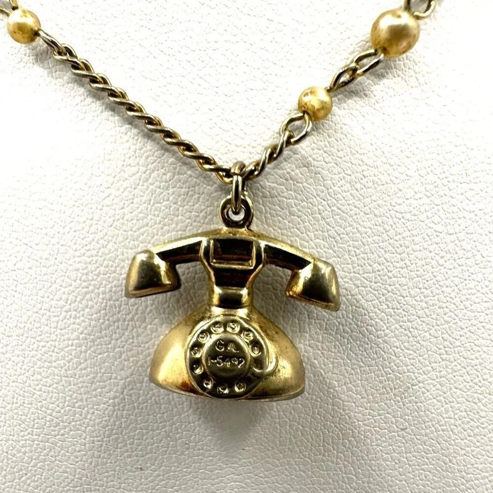 Vintage telephone pendant faux pearl choker necklace Gold - Image 2
