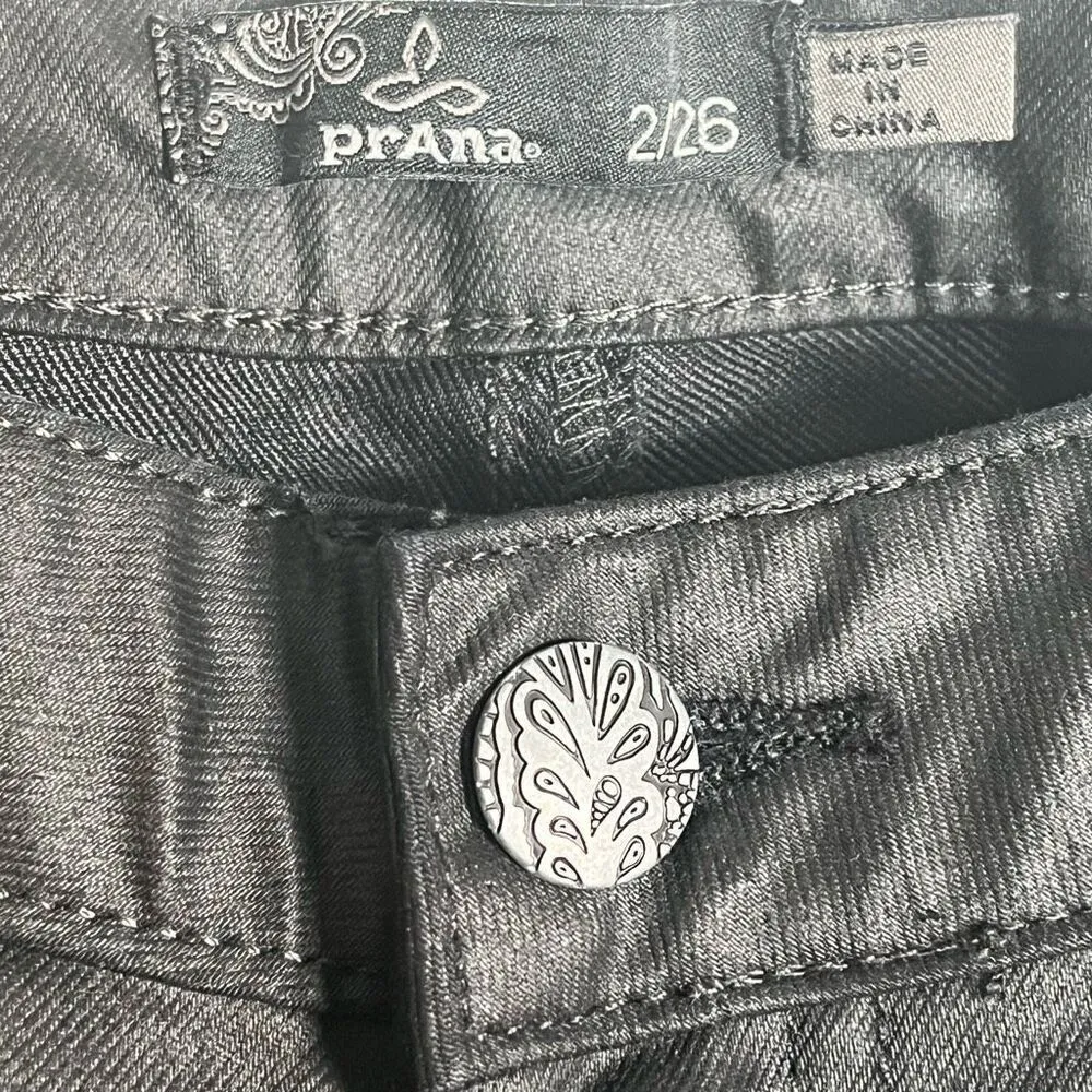 Prana Sz 2 / 26 Black Wax Coated Skinny Jeans Mid  Rise - Image 4