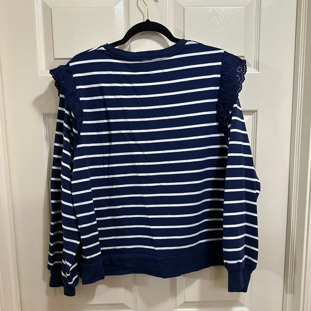 J.Crew Women’s  Eyelet Ruffle Navy Blue Striped Pullover Sweatshirt Size XXL - Image 5