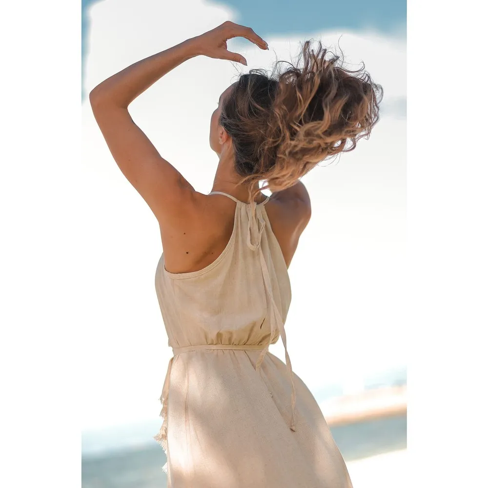 Resort Midi Wrap Dress by T. ZOVICH Linen Sleeveless Beige Raw Hem Ecofriendly - Image 3