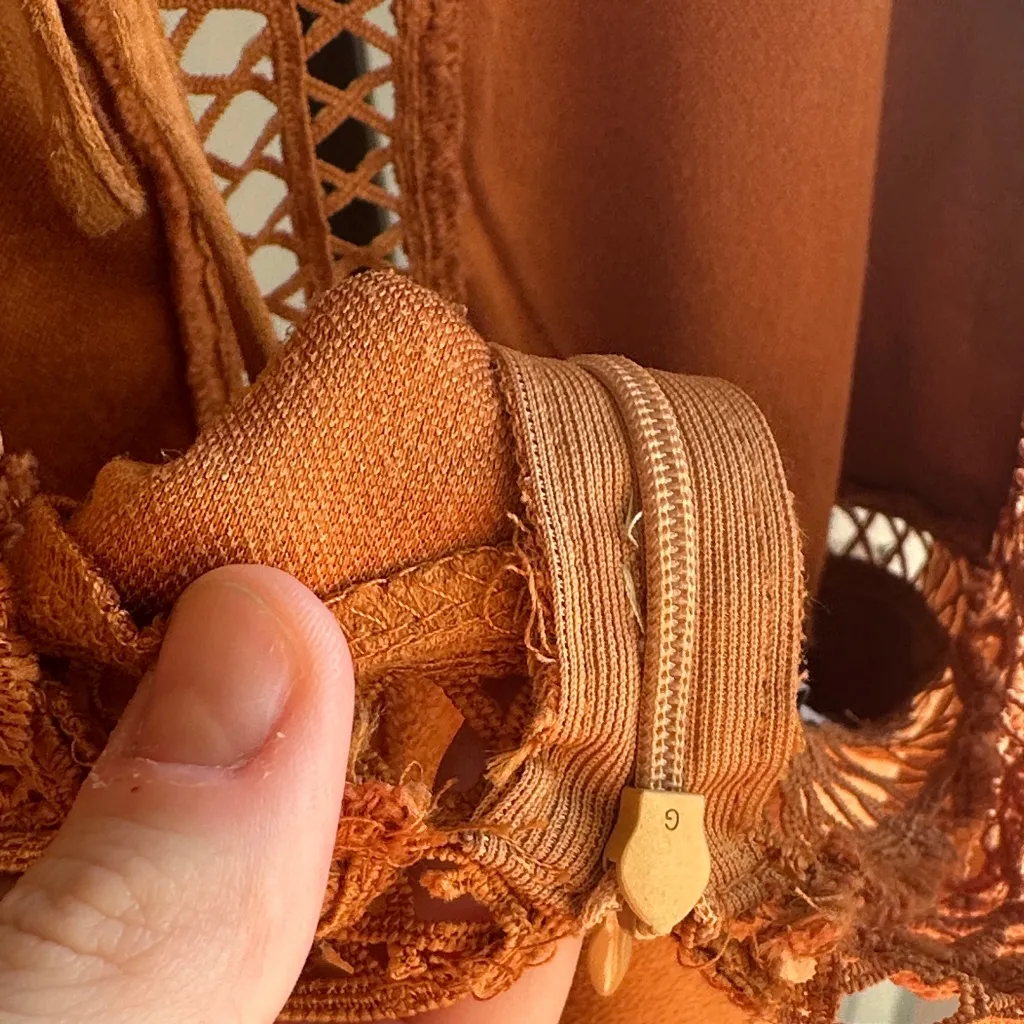 Eyelet Cut Out Western Faux Suede Dress Burnt Orange Tan Color with Bell Sleeves Size XL - Image 12