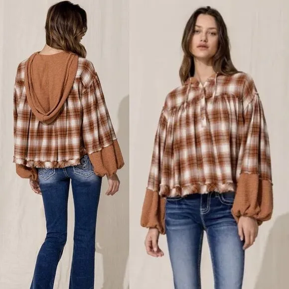 NEW Miss Me MISS ME
Orange Multi Plaid Thermal Hoodie Balloon Sleeve Size Small - Image 2