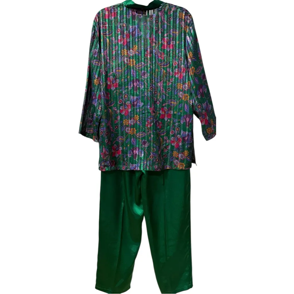 VTG Victoria's‎ Secret Gold Label Emerald Lounge Set Floral Kimono & Satin Pants - Image 2