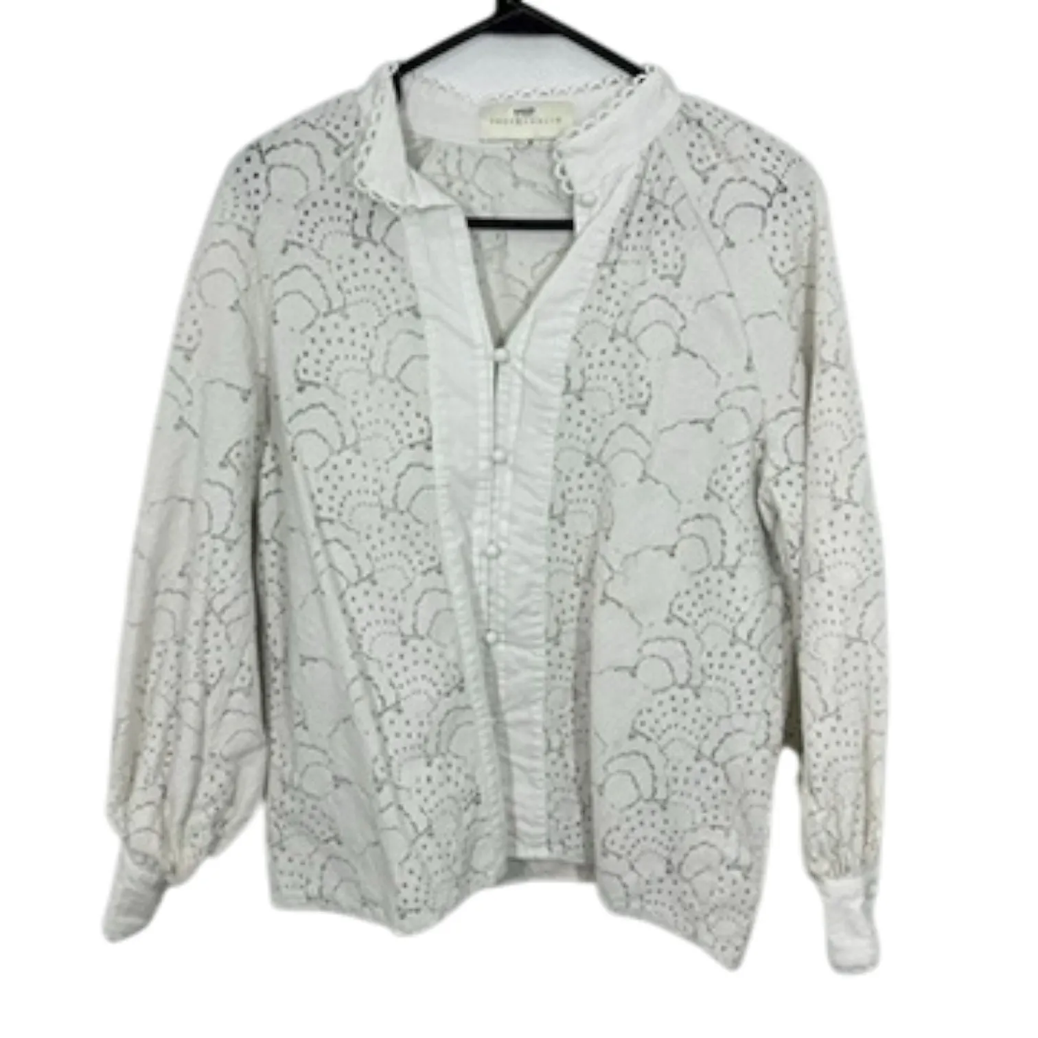 French Mauve Portofino Lace Eyelet Blouse Top White Button Front High Neck Chic Size M - Image 2