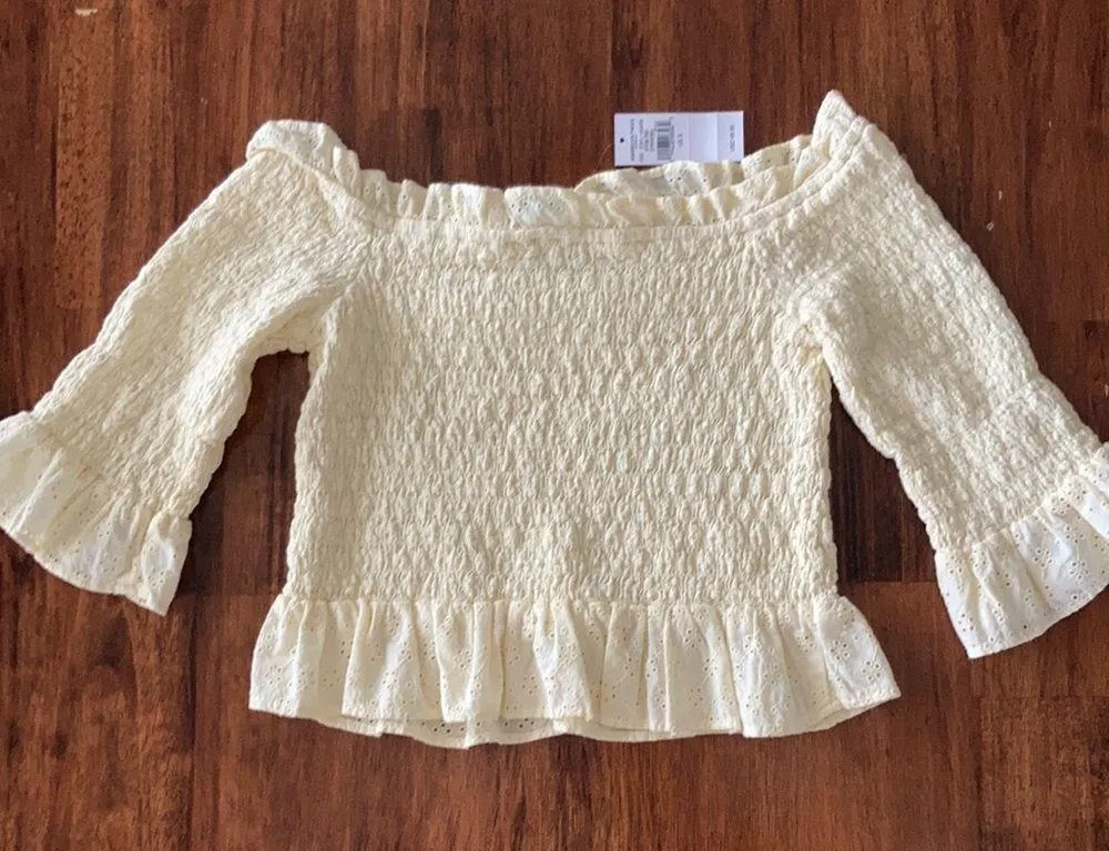 American Eagle Yellow Ruffled Smocked Crop Top Off Shoulder Blouse Frilled NWT - Image 6