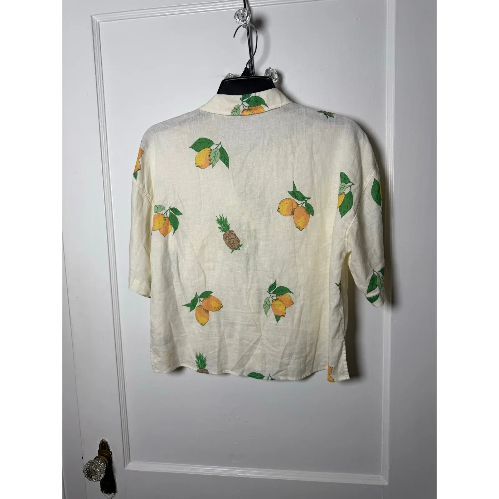 AQUA Linen Blend Short Sleeve Cropped Boxy Fruit Button Down Shirt Small - Image 5