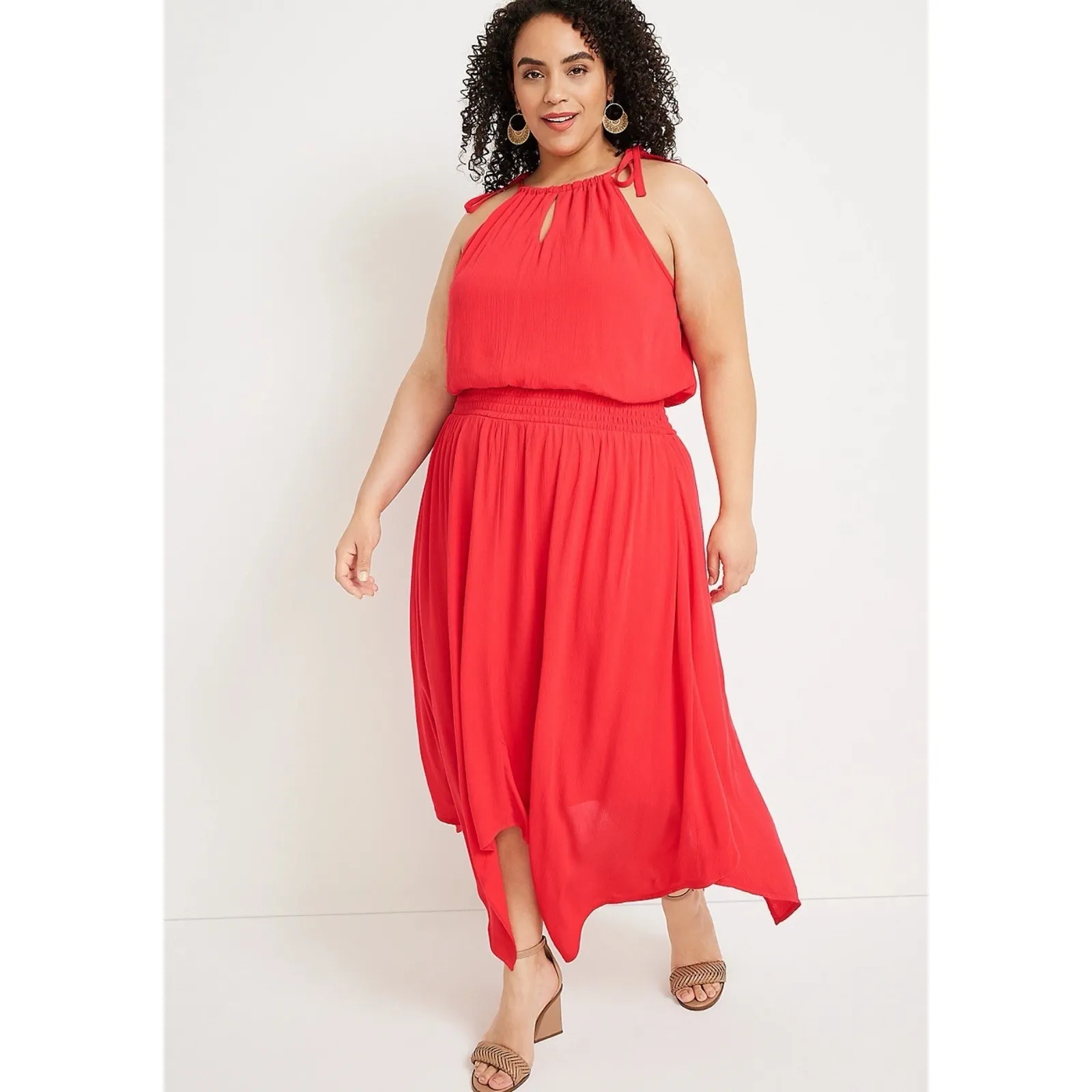 NWT Maurices Smocked Waist Shark Bite Halter Neck Midi Dress Red Sundress XS - Image 2