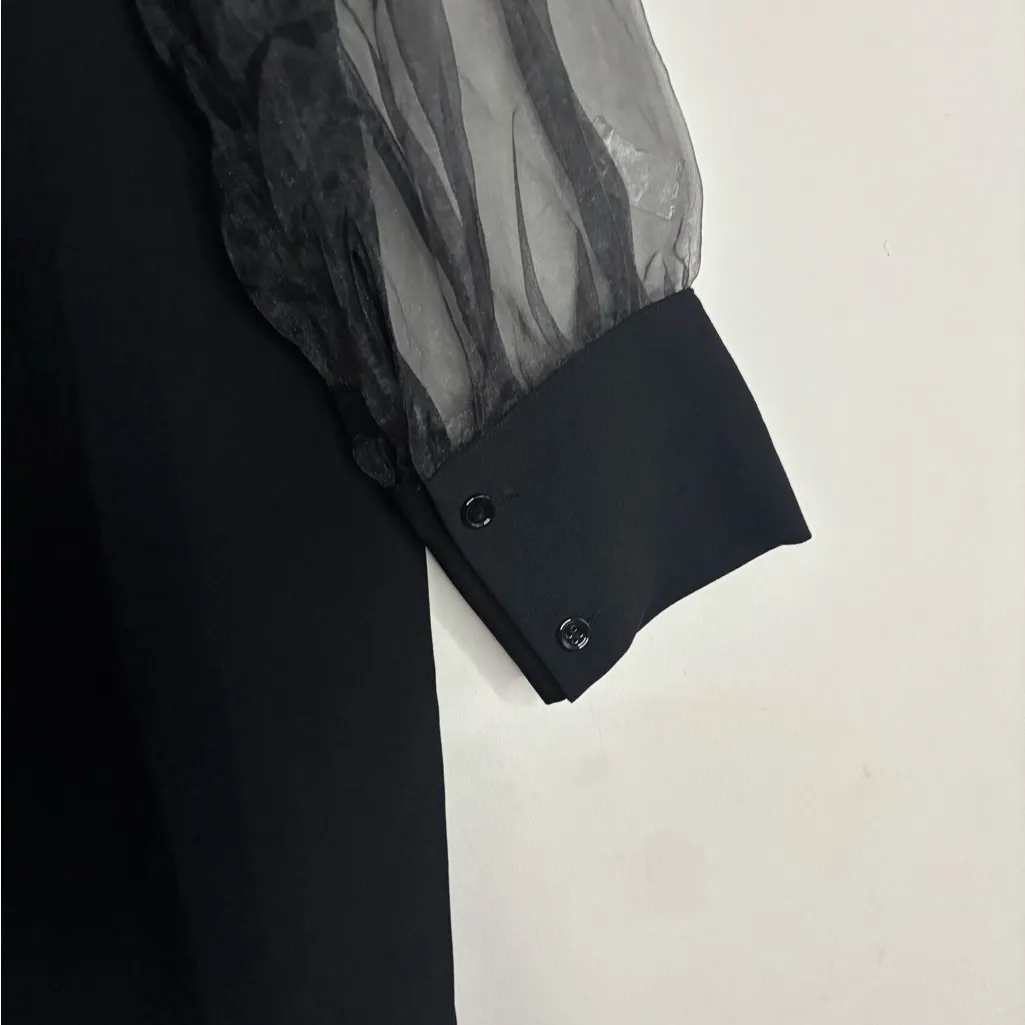 Zara Black Organza Bow Tie Neck with Sheer Puff Long Sleeves Dress size XXL - Image 8