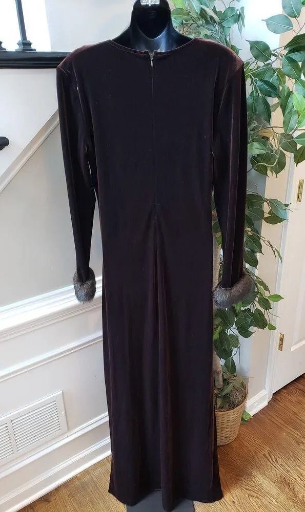 Viintage Cachet Long Maxi Dress 16 Brown Velour Long Sleeve Faux Fur Formal - Image 4