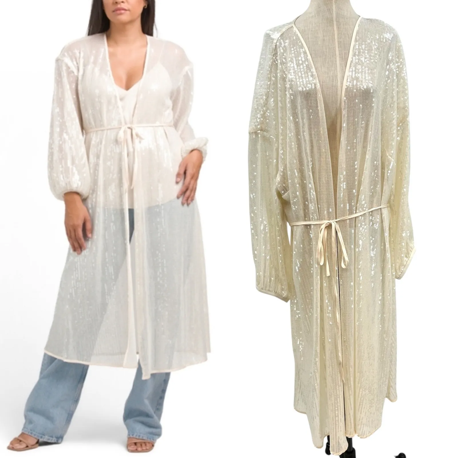 Hutch Jackson Sequin-Embellished Mesh Cover-Up Duster‎ Kimono Cream Plus Size 3X - Image 2