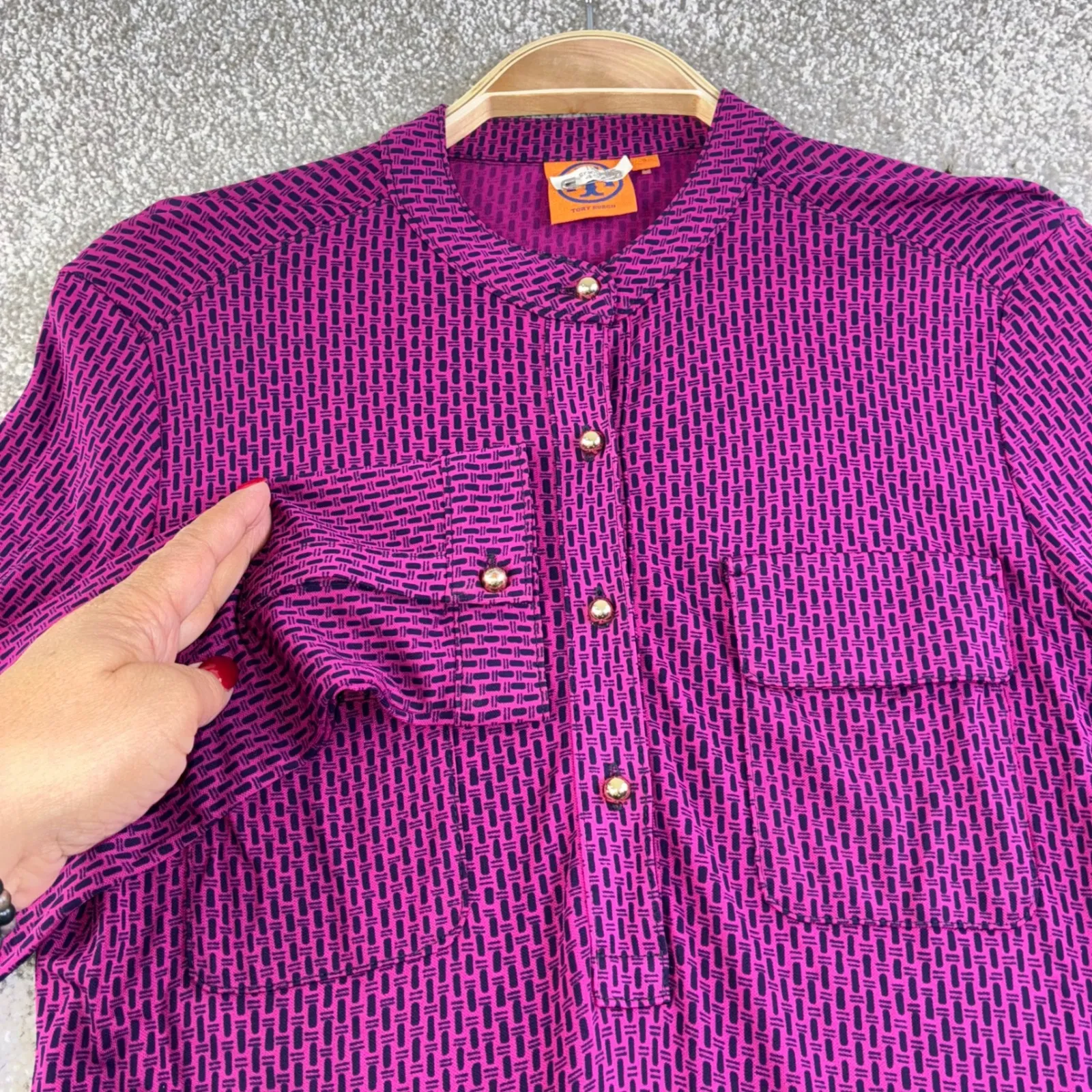 Tory Burch Womens S Dress Purple Geometric Print Button Neck Midi Classic Career - Image 4