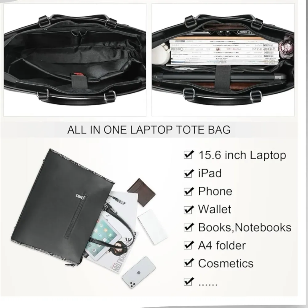 Large Black Vegan Leather Laptop Tote Bag With Detachable Shoulder Strap | EUC - Image 14