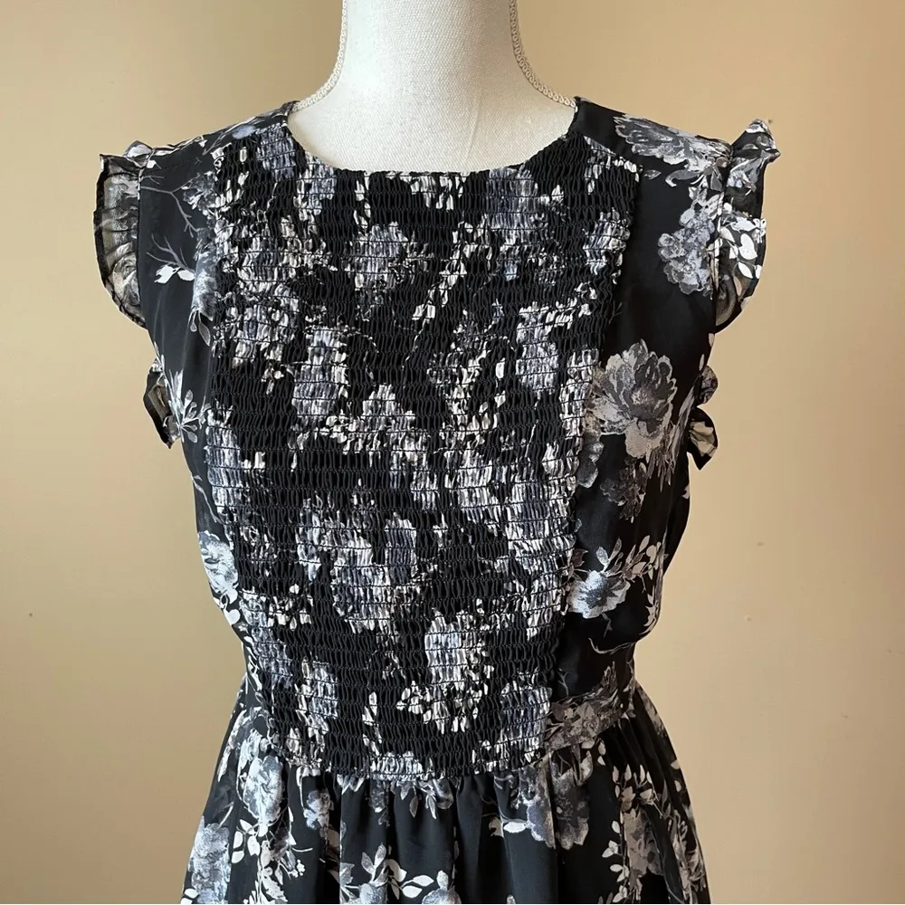 XHILARATION | Black White Floral Ruffle Sleeve Sleeve Smocked Dress Sz L - Image 2